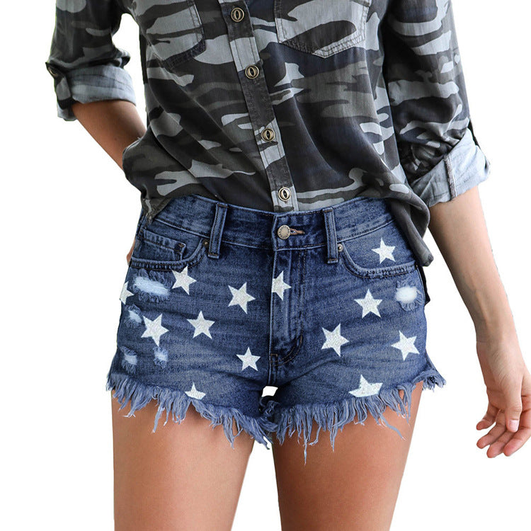 Damen Jeans-Shorts mit Sternen-Design und fransigem Saum WW