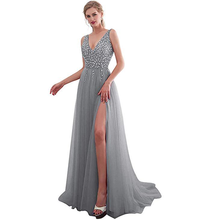 Damen Maxikleid mit schimmerndem Paillettenoberteil und elegantem Schlitz WW