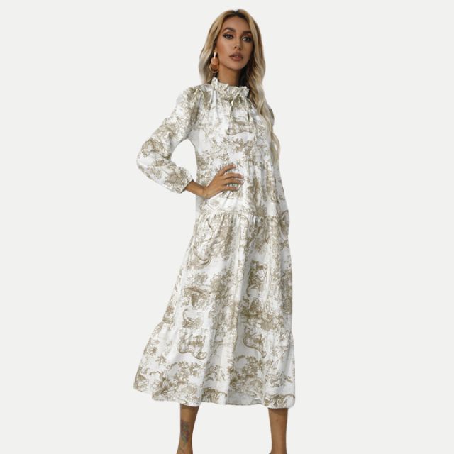 W&W Mode | Toile-Druck Midi-Kleid mit hohem Kragen