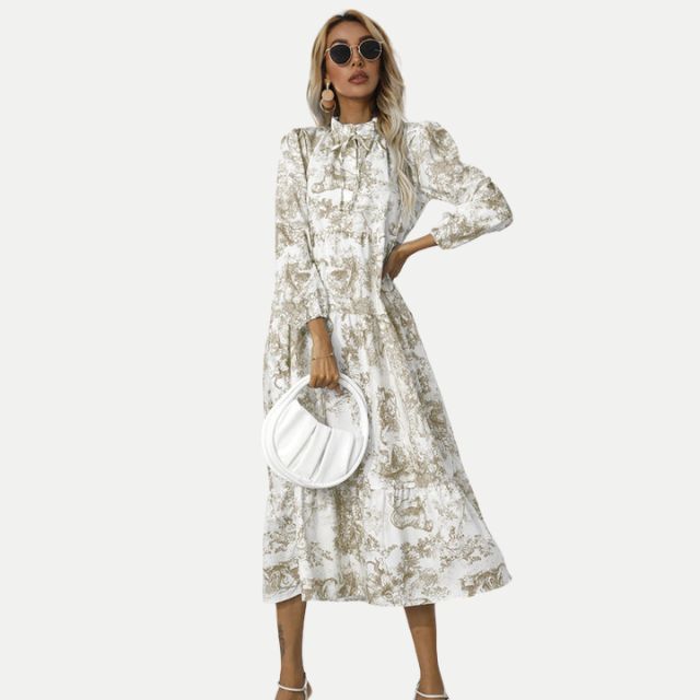 W&W Mode | Toile-Druck Midi-Kleid mit hohem Kragen