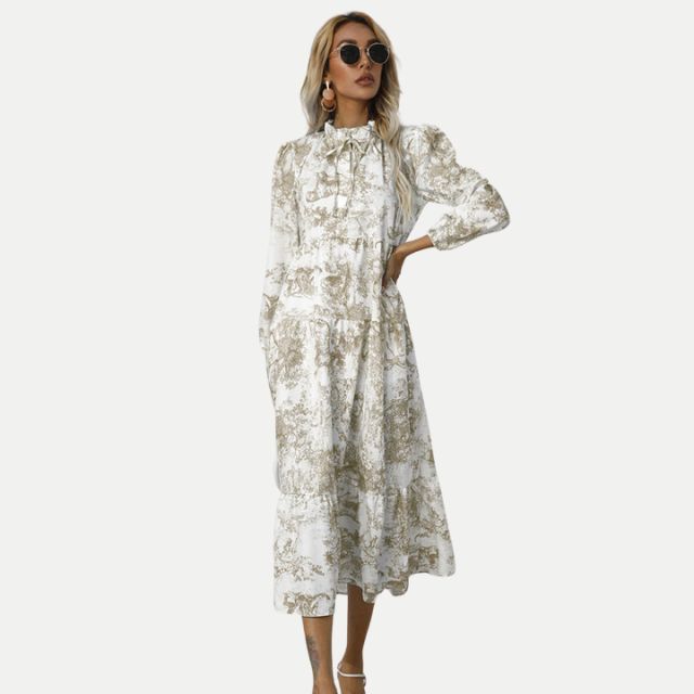W&W Mode | Toile-Druck Midi-Kleid mit hohem Kragen