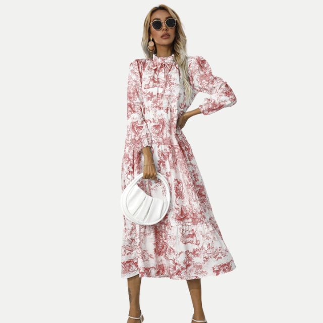 W&W Mode | Toile-Druck Midi-Kleid mit hohem Kragen