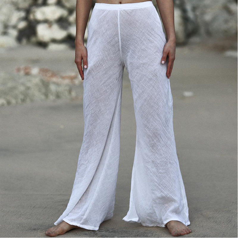 Damen Luftige Leinenhose mit breitem Beinausschnitt und elastischem Bund W&W Mode