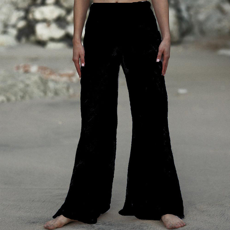 Damen Luftige Leinenhose mit breitem Beinausschnitt und elastischem Bund W&W Mode