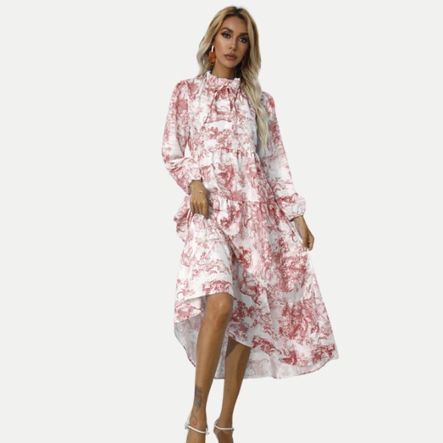 W&W Mode | Toile-Druck Midi-Kleid mit hohem Kragen