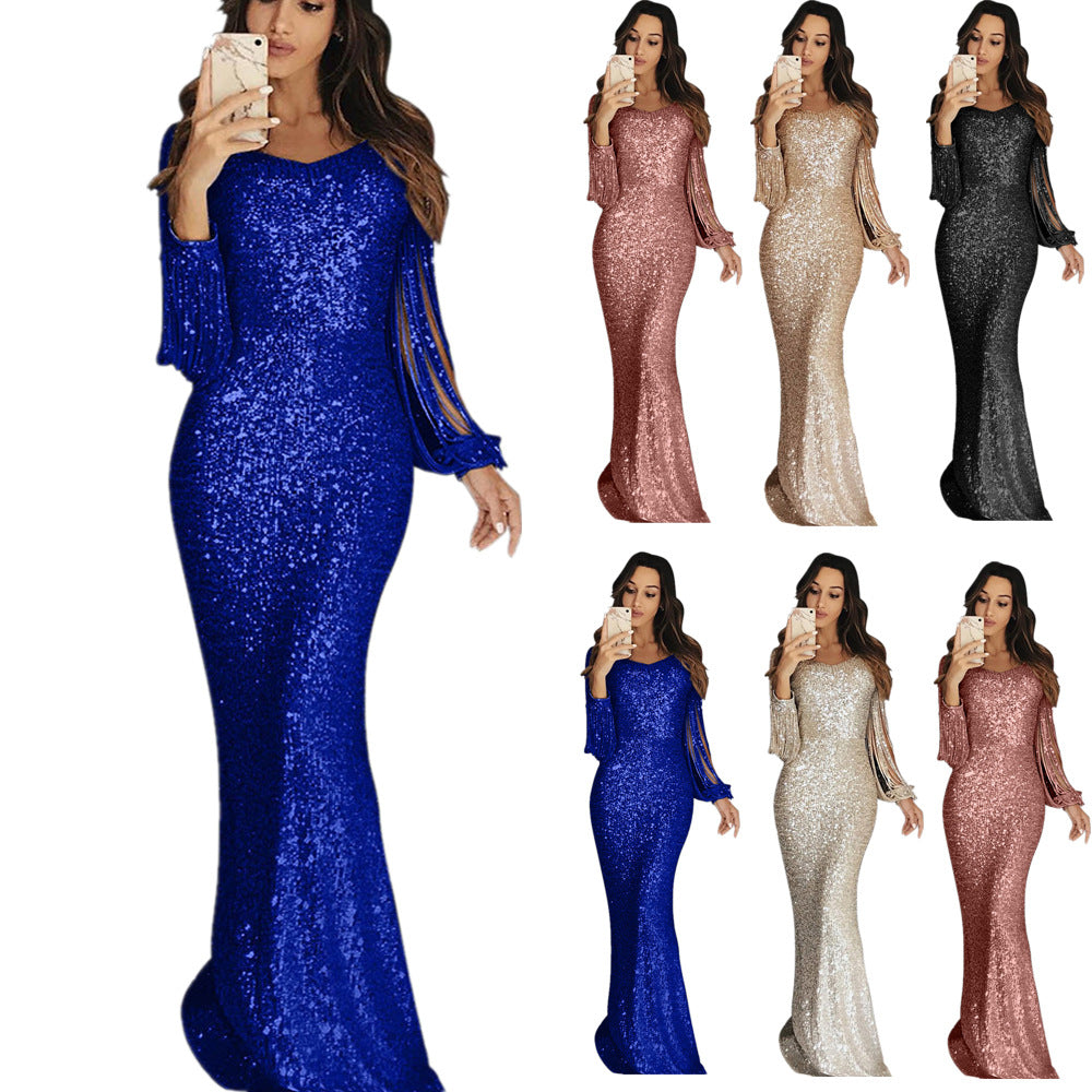 Damen Glitzerndes Abendkleid mit langen Fransenärmeln WW