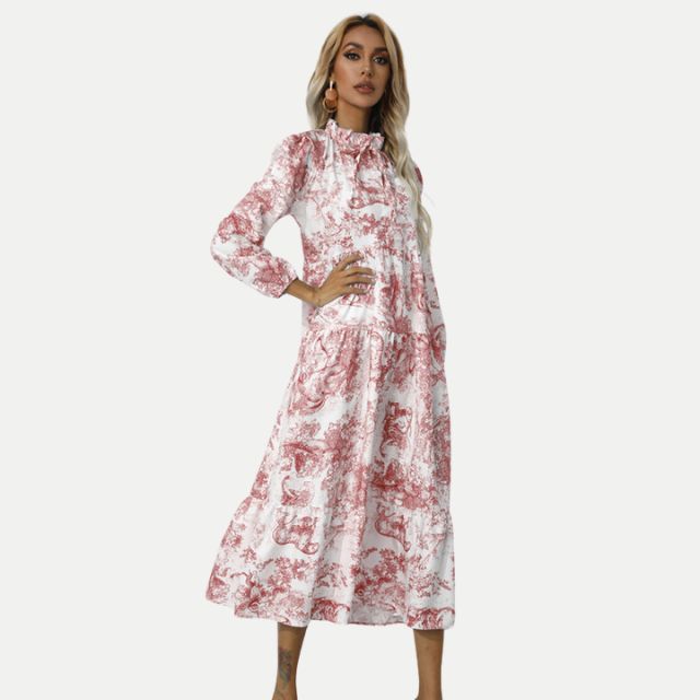 W&W Mode | Toile-Druck Midi-Kleid mit hohem Kragen