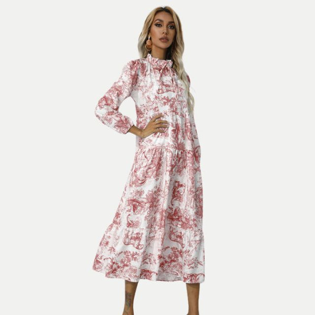 WW | Toile-Druck Midi-Kleid mit hohem Kragen