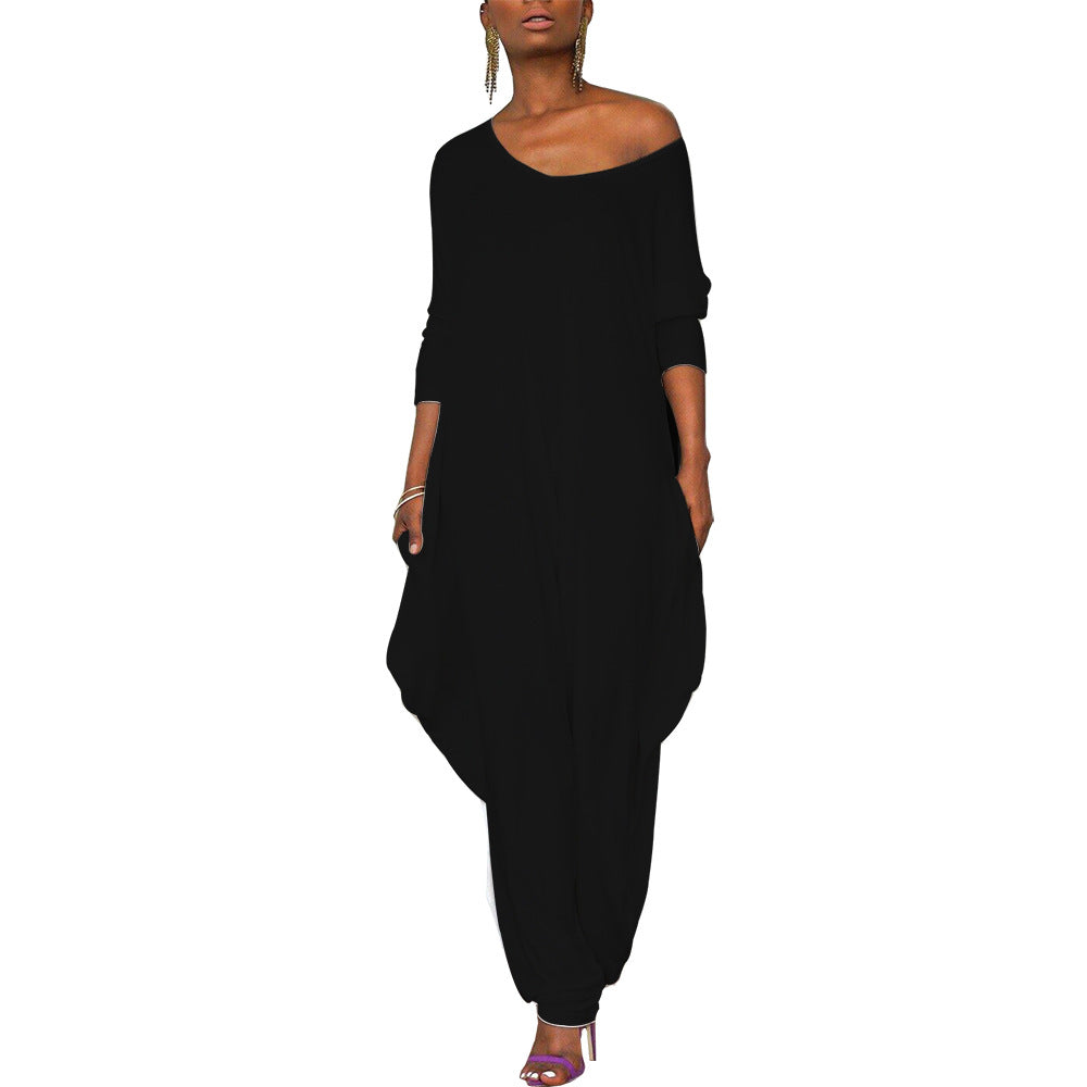 Damen Oversized Jumpsuit mit tiefem V-Ausschnitt und lässigem Schnitt W&W Mode