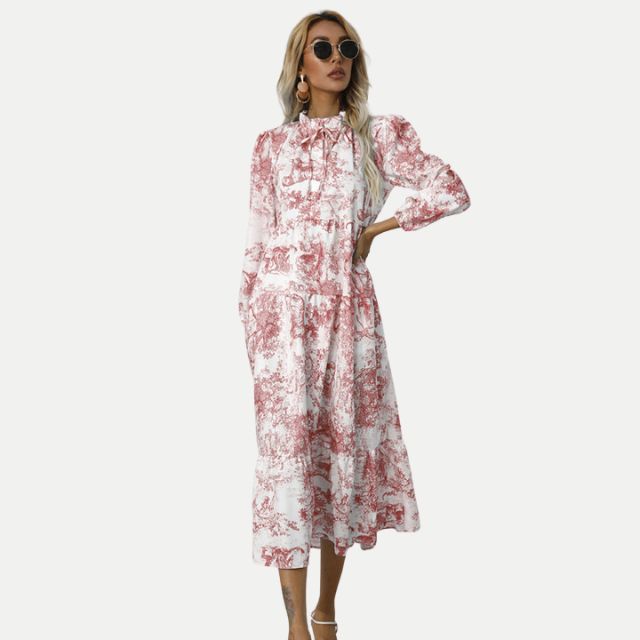 W&W Mode | Toile-Druck Midi-Kleid mit hohem Kragen