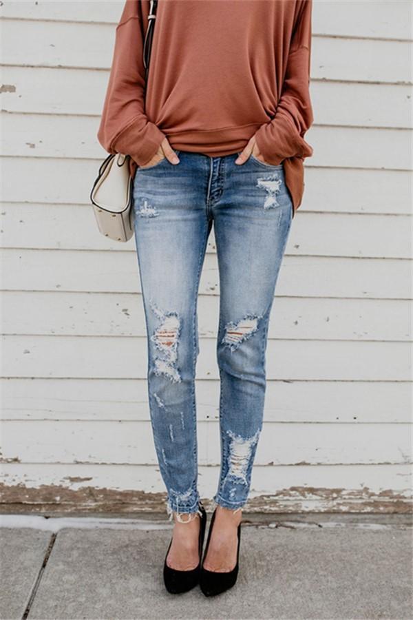 Damen Hoch geschnittene Skinny Jeans mit modischen Destroyed-Details WW