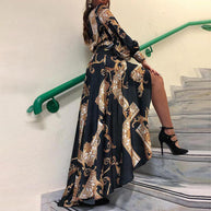 Damen Asymmetrisches Maxikleid mit elegantem Barockmuster und tiefem Schlitz WW