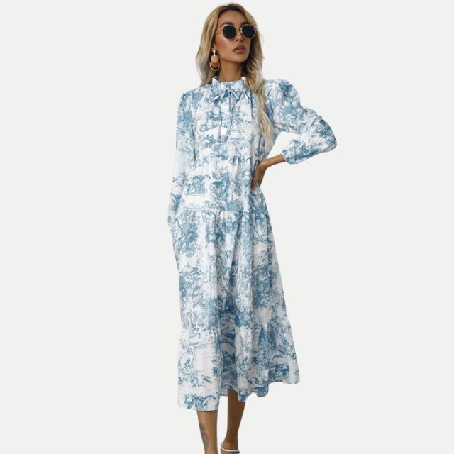 W&W Mode | Toile-Druck Midi-Kleid mit hohem Kragen