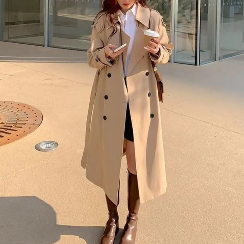 WW | Langer Trenchcoat mit Gürtel für Frauen Eleganter Trenchcoat Damen