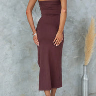 WW | Strapless Tube Schlitz Rippenstrick Midi Kleid