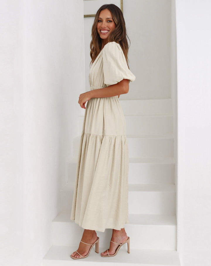 W&W Mode | Elegantes Kleid Mit V-Ausschnitt Und Puffärmeln