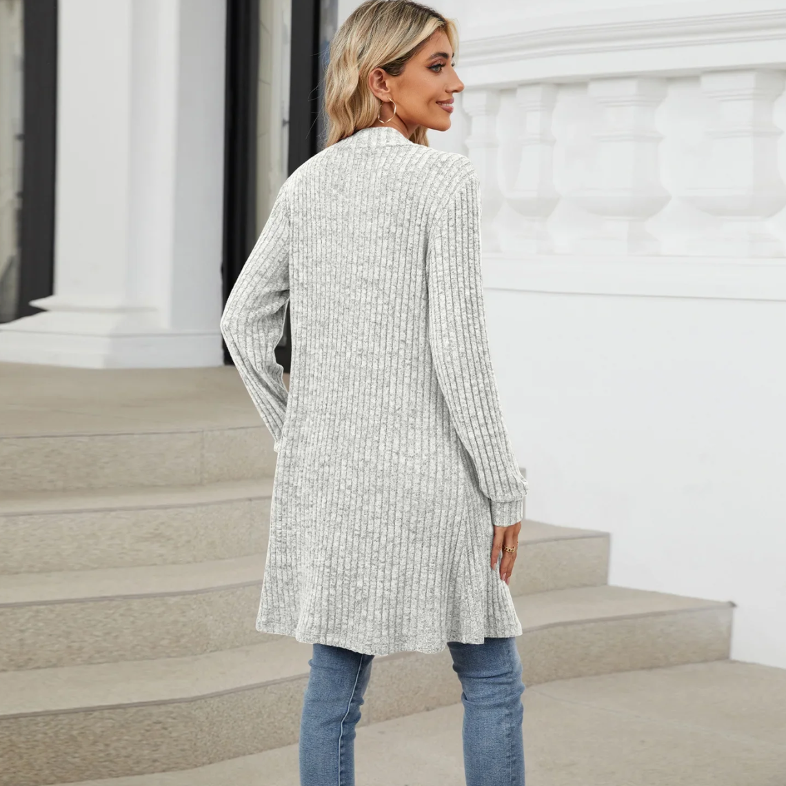 WW | Lange Strickjacken Damen Gerippte Offene Vorderseite Jacke mit Taschen