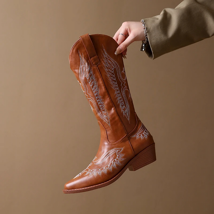W&W Mode | Westernstiefel mit Detaillierten Stickereien & Niedrigem Absatz Cowboystiefel Damen