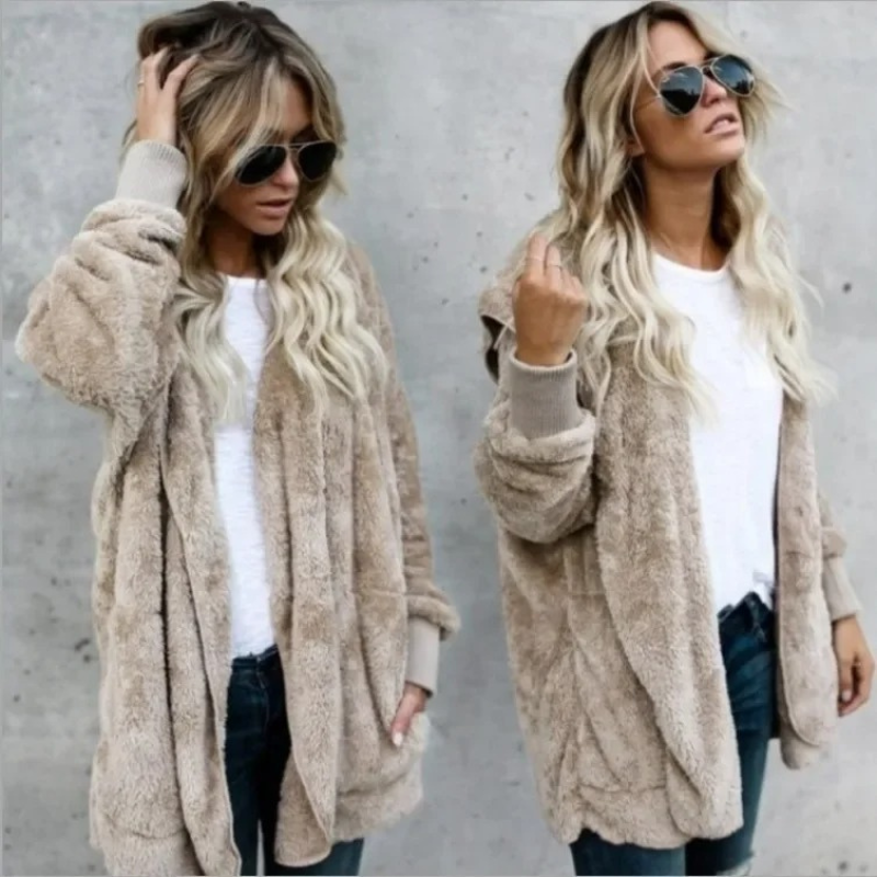 WW | Teddy Jacke Damen, Übergröße Fleece Jas Met Capuchon, Open Voorkant