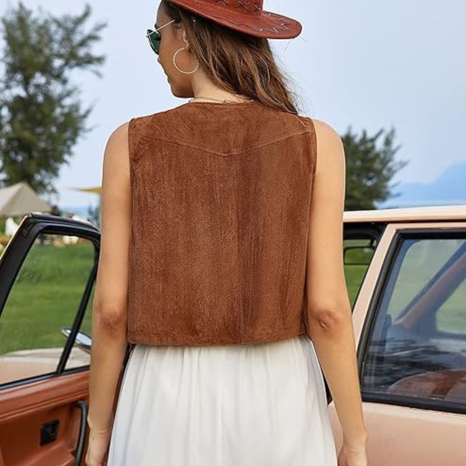 WW | Suede-Weste mit Fransen und Knopfdetail