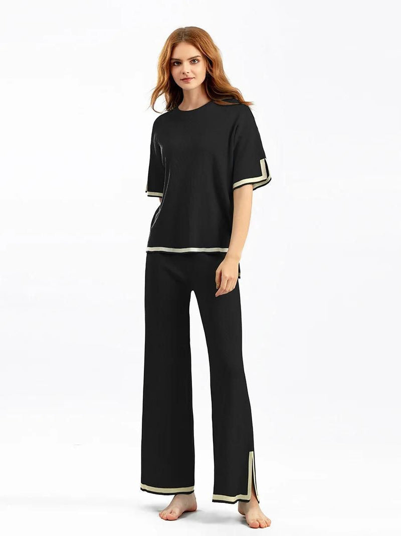 Damen Zweiteiler mit kurzärmeligem Oberteil und Hose mit hoher Taille
