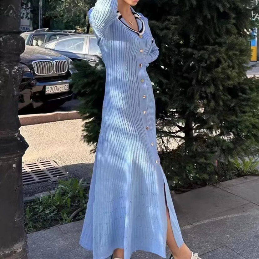 WW | Lange Ärmel Rippstrick Midi Kleid, Strick Damen Kleid
