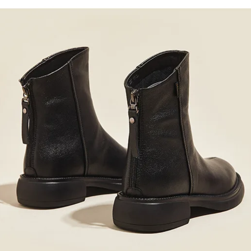 Damen Leder-Ankle-Boots mit rückseitigem Reißverschluss und niedrigem Absatz