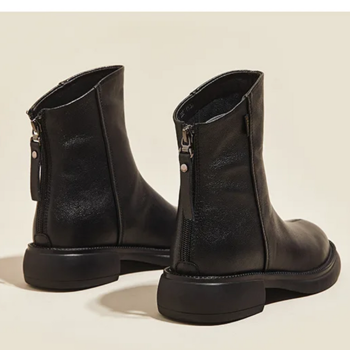 Damen Leder-Ankle-Boots mit rückseitigem Reißverschluss und niedrigem Absatz