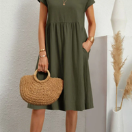 WW | Schickes Kurzärmliges Kleid mit Rundhalsausschnitt aus Einfarbigem Patchwork