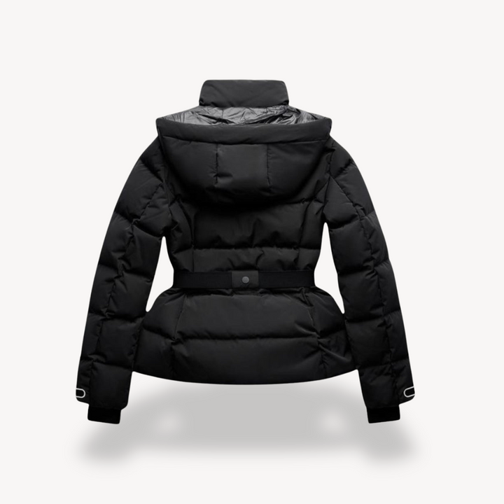 W&W Mode | Schwarze Wasserdichte Gesteppte Jacke mit Hohem Kragen und Gürtel
