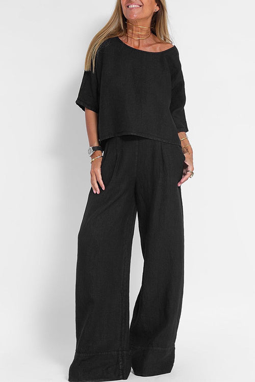 W&W Mode | Rosiedress Rundhals 3/4 Ärmel Pullover Weite Beinhosen Baumwolle Leinen Set