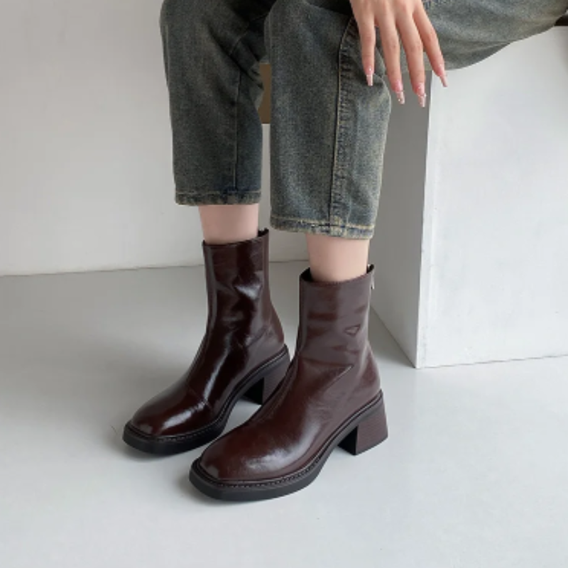 Damen-Leder-Ankle-Boots mit Blockabsatz