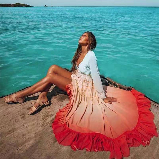 Damen Boho Maxikleid mit voluminösem Rock und Rüschen WW