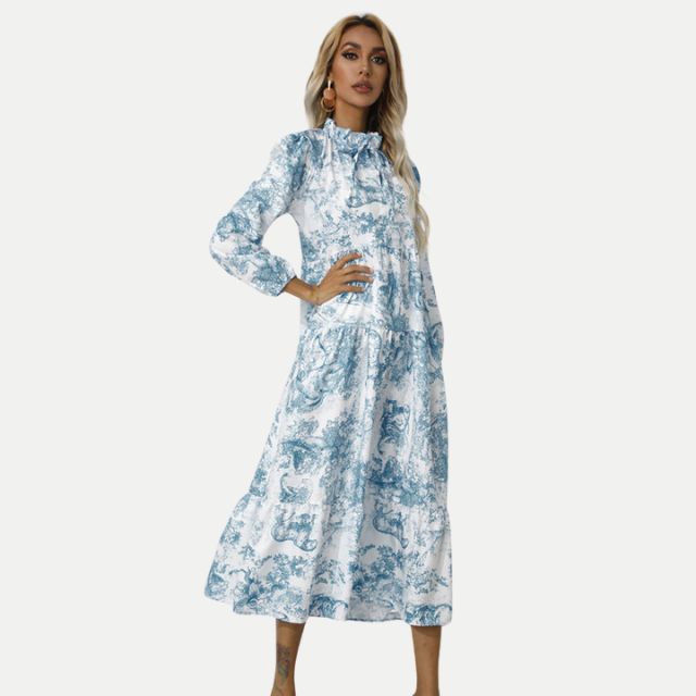 W&W Mode | Toile-Druck Midi-Kleid mit hohem Kragen