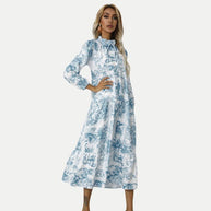 WW | Toile-Druck Midi-Kleid mit hohem Kragen