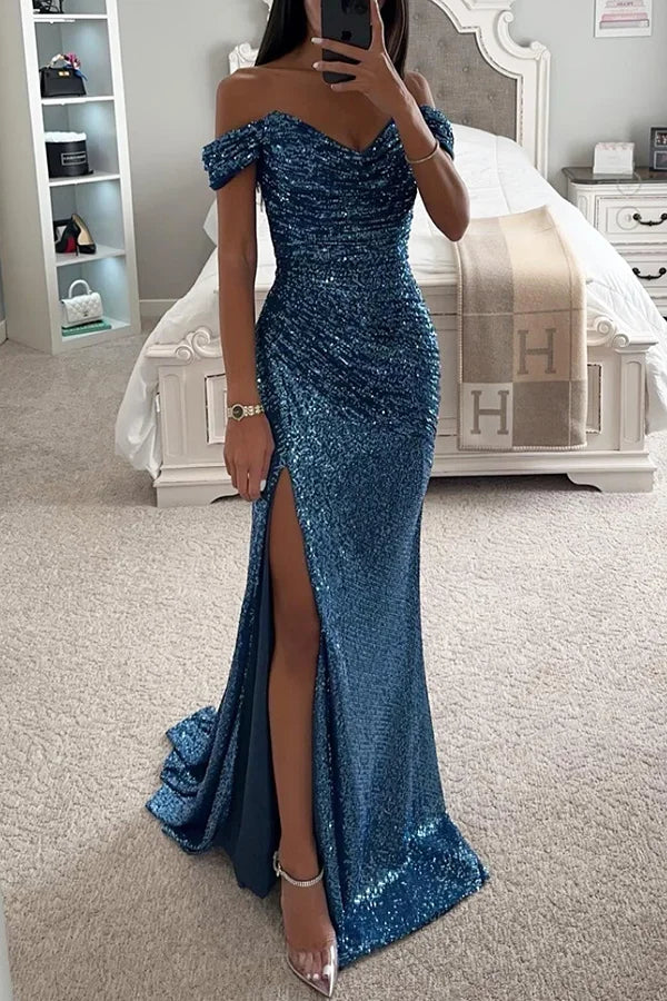 WW | Pailletten Off-Shoulder Raffung Schlitz Abend Maxi Kleid