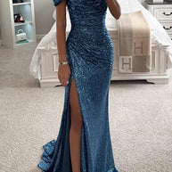 WW | Pailletten Off-Shoulder Raffung Schlitz Abend Maxi Kleid