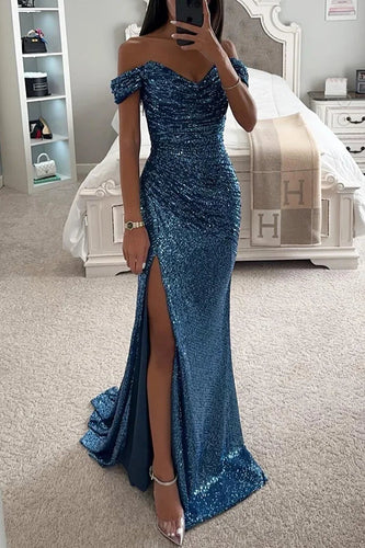 WW | Pailletten Off-Shoulder Raffung Schlitz Abend Maxi Kleid