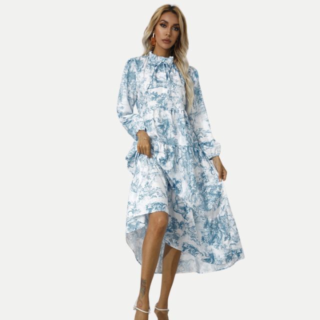 W&W Mode | Toile-Druck Midi-Kleid mit hohem Kragen