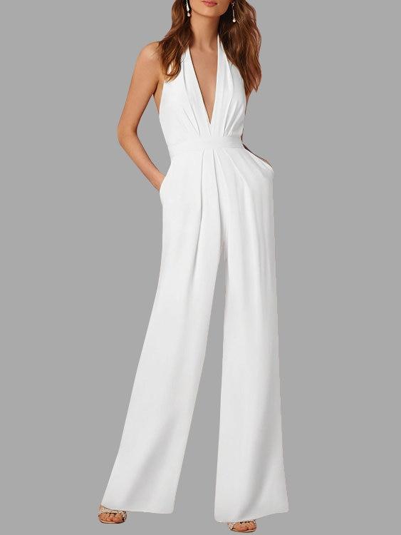 WW | Tiefer V-Ausschnitt Ärmelloser Breiter Bein Jumpsuit