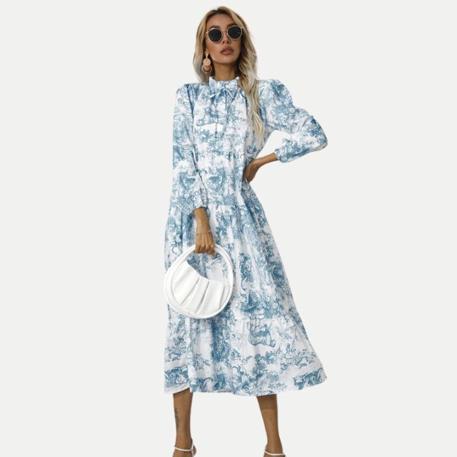 W&W Mode | Toile-Druck Midi-Kleid mit hohem Kragen