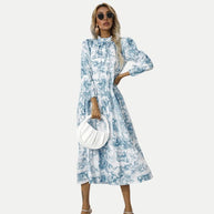 WW | Toile-Druck Midi-Kleid mit hohem Kragen