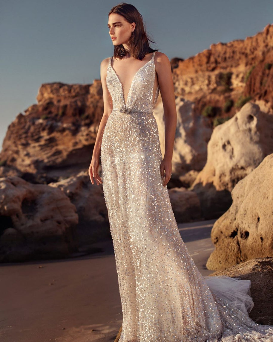 WW | V-Ausschnitt Ärmelloses Taillensammlungs Silber Paillette Slip Dress