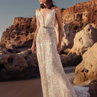 WW | V-Ausschnitt Ärmelloses Taillensammlungs Silber Paillette Slip Dress