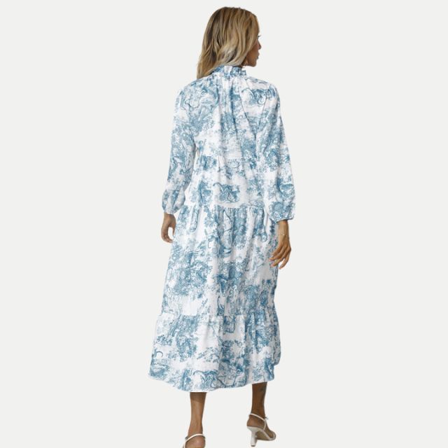 W&W Mode | Toile-Druck Midi-Kleid mit hohem Kragen