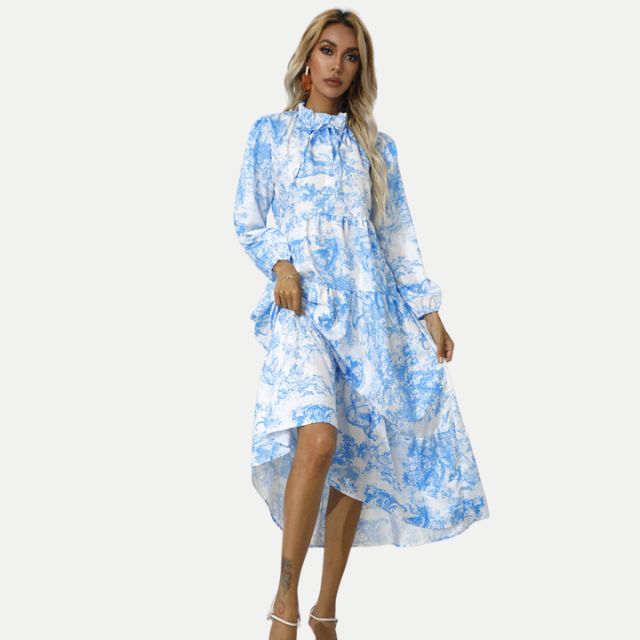 W&W Mode | Toile-Druck Midi-Kleid mit hohem Kragen