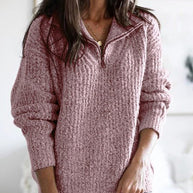 Damen Grober Strickpullover mit Stehkragen und Reißverschluss WW
