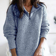 Damen Grober Strickpullover mit Stehkragen und Reißverschluss WW