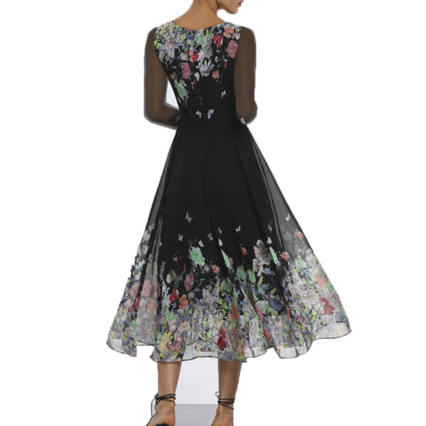 Damen Elegantes Blumen-Maxi-Kleid mit transparenten Ärmeln und fließendem Schnitt WW
