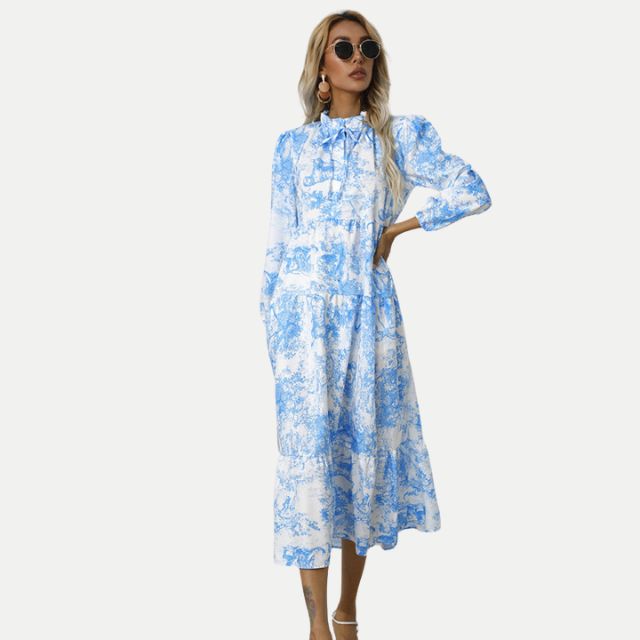 W&W Mode | Toile-Druck Midi-Kleid mit hohem Kragen